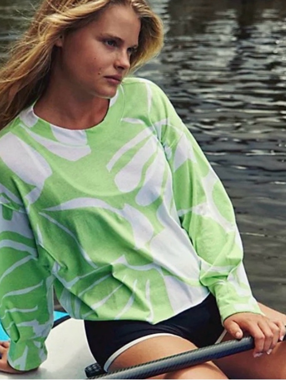 FP Movement| Lime Green | Leaf Print | Long Sleeve Top Large Oversized